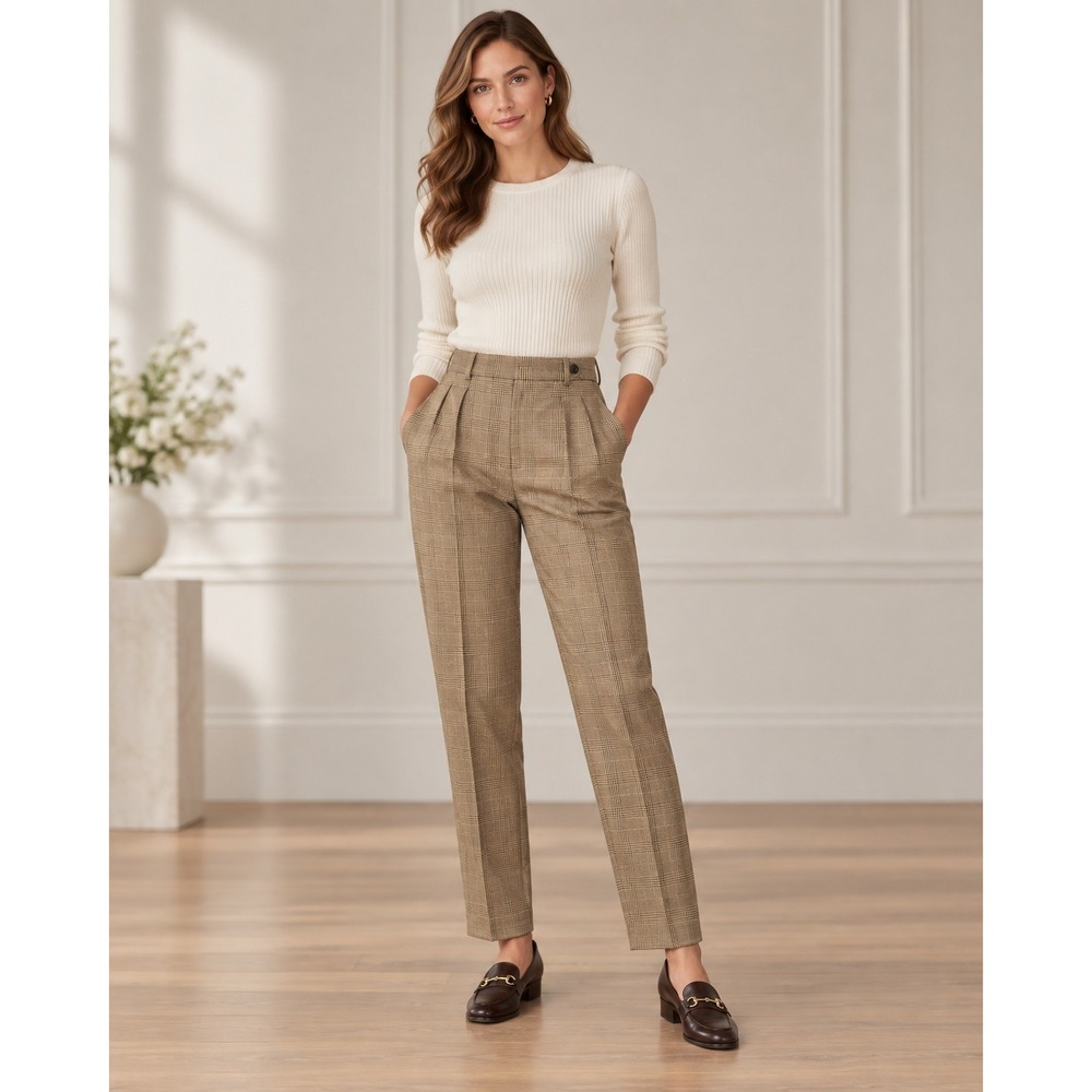 Lauren Ralph Lauren Vtg 90s Tan Glen Plaid Wool Pleated Trousers Pants Size 6